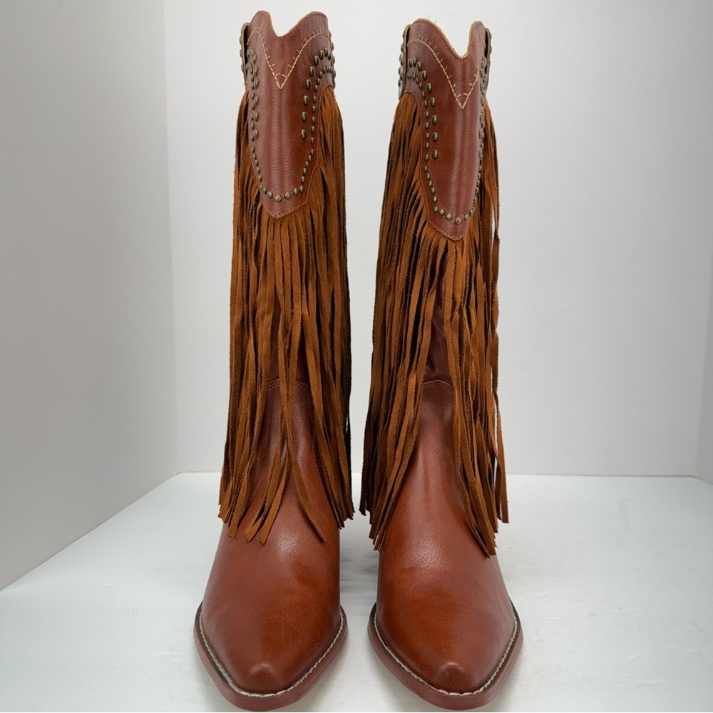 Styleloop size 7 Women’s Tan Faux Leather Studded Fringe Western Cowboy Boots - Picture 4 of 15